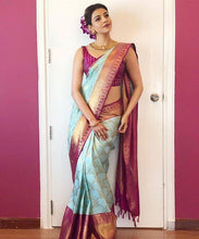 Load image into Gallery viewer, Serendipity Sky Soft Banarasi Silk Saree With Incomparable Blouse Piece KP