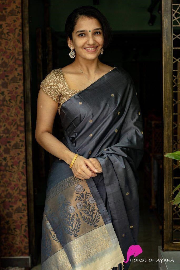 Tremendous Grey Soft Silk Saree With Elision Blouse Piece KP