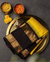 Load image into Gallery viewer, Sizzling Yellow Soft Banarasi Silk Saree With Magnetic Black Blouse Piece KP