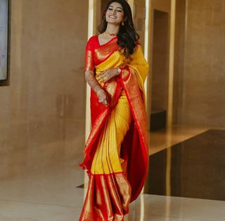 Serendipity Yellow Soft Banarasi Silk Saree With Exuberant Blouse Piece KP