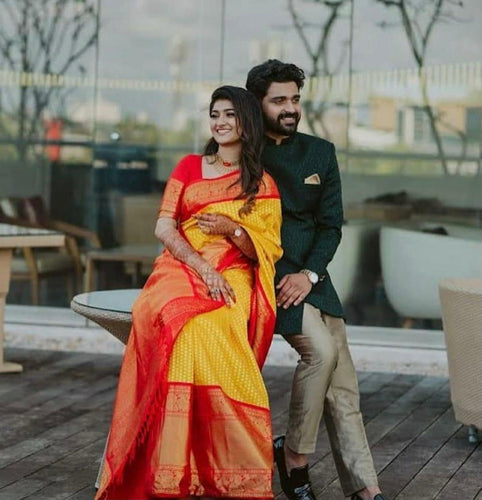 Serendipity Yellow Soft Banarasi Silk Saree With Exuberant Blouse Piece KP