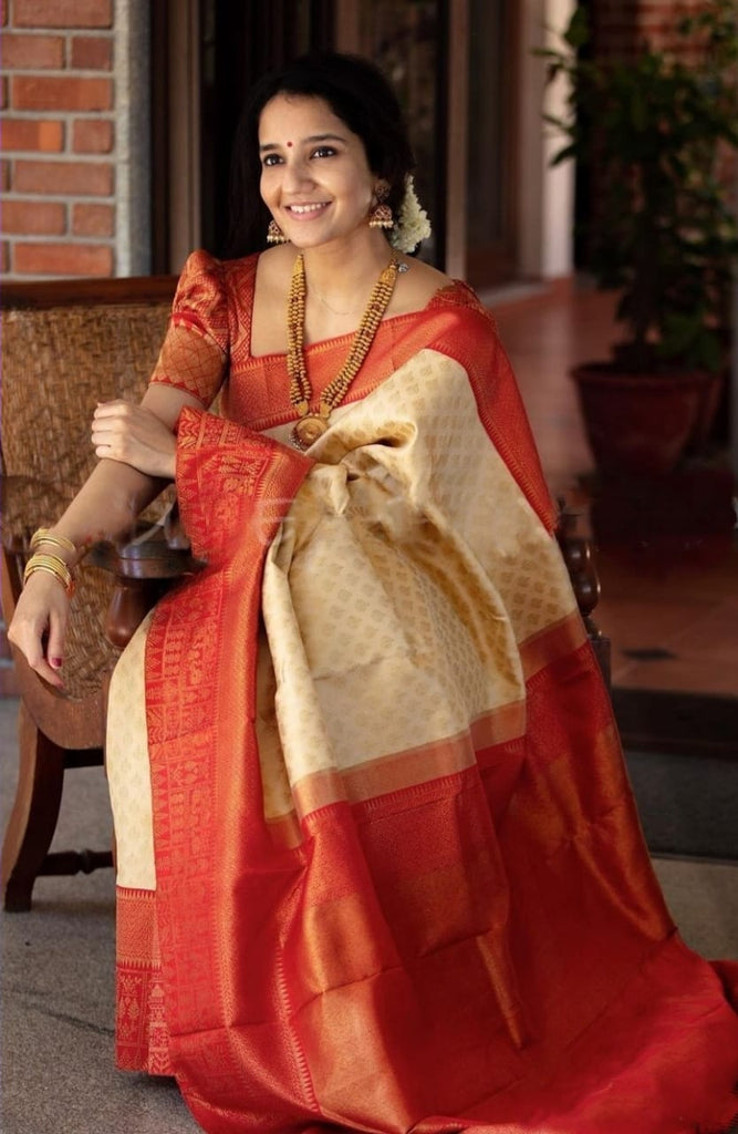 Surpassing catching Beige Soft Banarasi Silk Saree With Glowing Blouse Piece KP