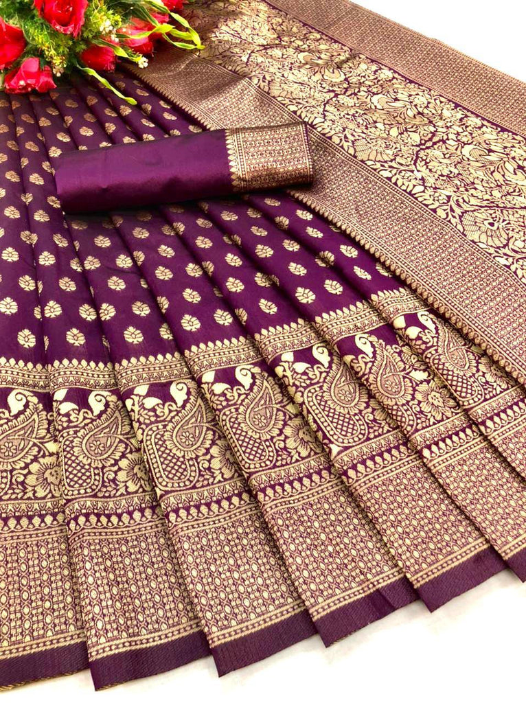 Scrumptious Purple Soft Banarasi Silk Saree With Bewitching Blouse Piece KP