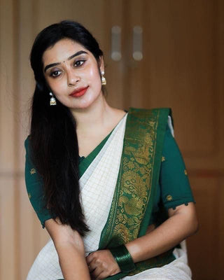 Adorable Off White Soft Banarasi Silk Saree With Desirable Blouse Piece KP