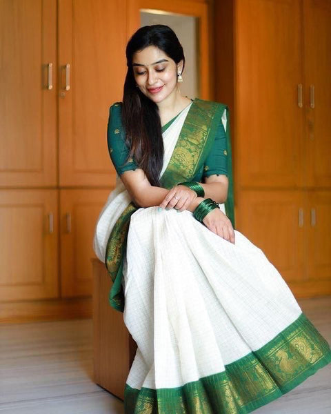 Adorable Off White Soft Banarasi Silk Saree With Desirable Blouse Piece KP Main image