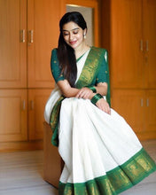 Load image into Gallery viewer, Adorable Off White Soft Banarasi Silk Saree With Desirable Blouse Piece KP