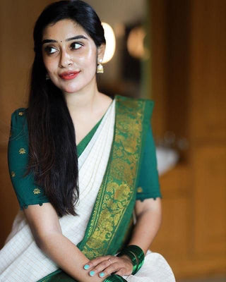 Adorable Off White Soft Banarasi Silk Saree With Desirable Blouse Piece KP