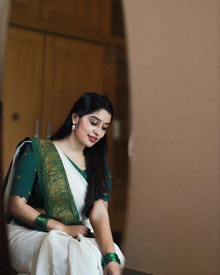Adorable Off White Soft Banarasi Silk Saree With Desirable Blouse Piece KP
