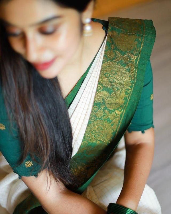 Adorable Off White Soft Banarasi Silk Saree With Desirable Blouse Piece KP