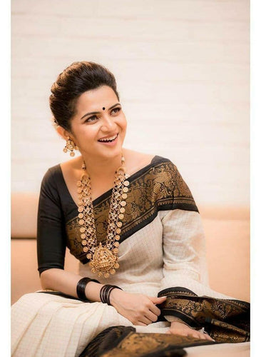 Twirling Off White Soft Banarasi Silk Saree With Panoply Blouse Piece KP