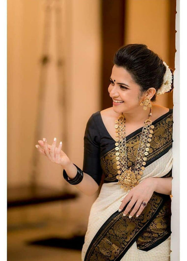 Twirling Off White Soft Banarasi Silk Saree With Panoply Blouse Piece KP