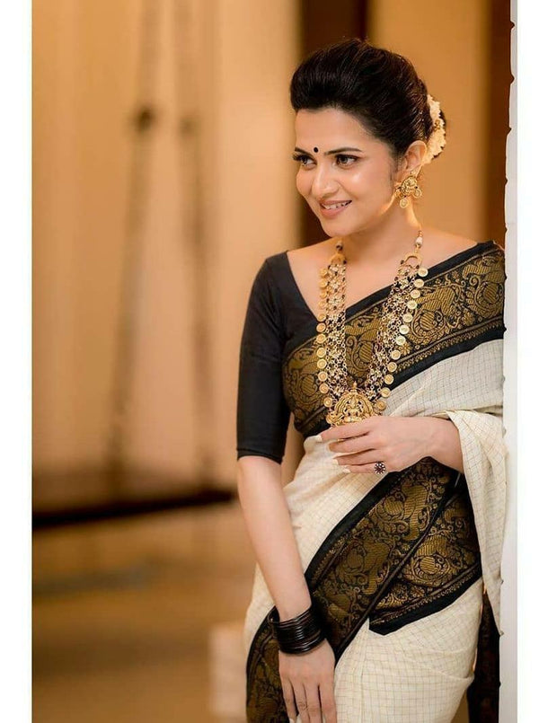 Twirling Off White Soft Banarasi Silk Saree With Panoply Blouse Piece KP
