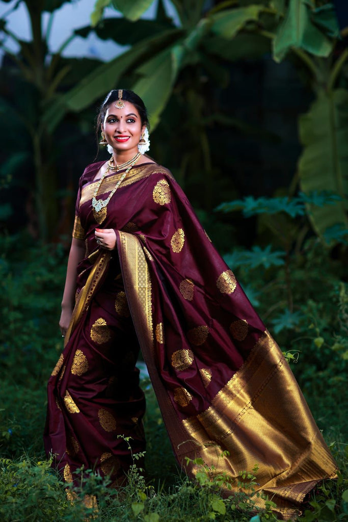 Most Wine Soft Banarasi Silk Saree With Gratifying Blouse Piece KP