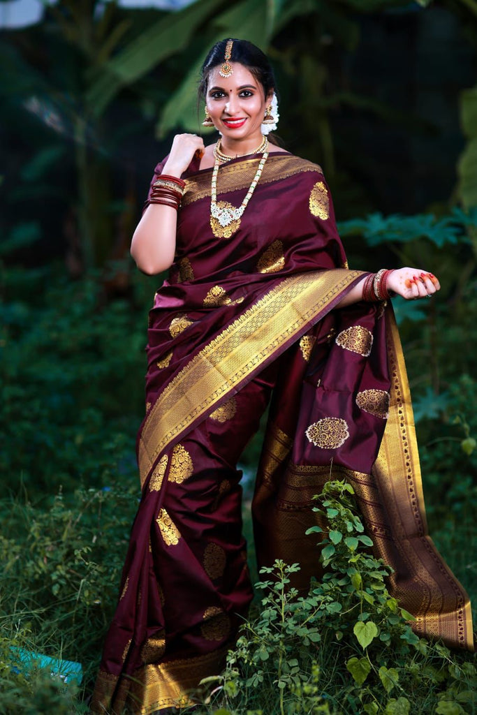 Most Wine Soft Banarasi Silk Saree With Gratifying Blouse Piece KP