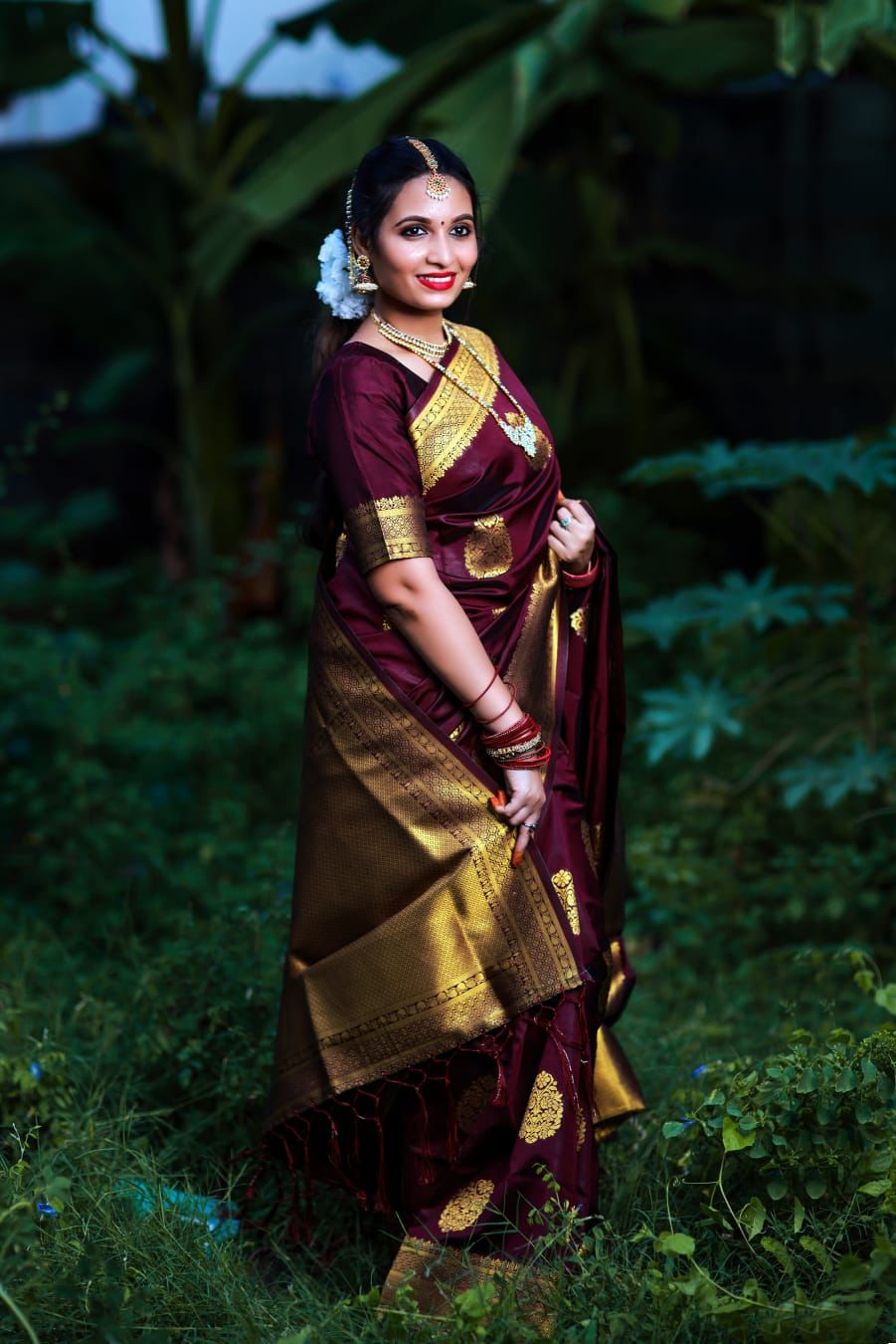 Most Wine Soft Banarasi Silk Saree With Gratifying Blouse Piece KP