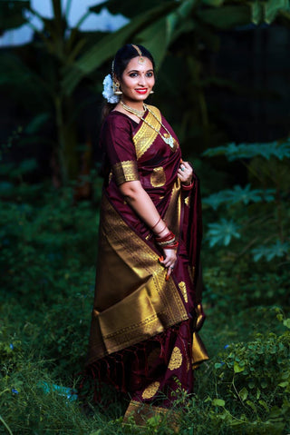 Most Wine Soft Banarasi Silk Saree With Gratifying Blouse Piece KP
