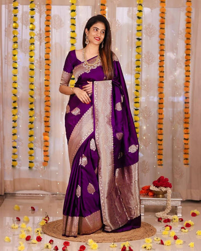 Superb Purple Soft Banarasi Silk Saree With Luxuriant Blouse Piece KP