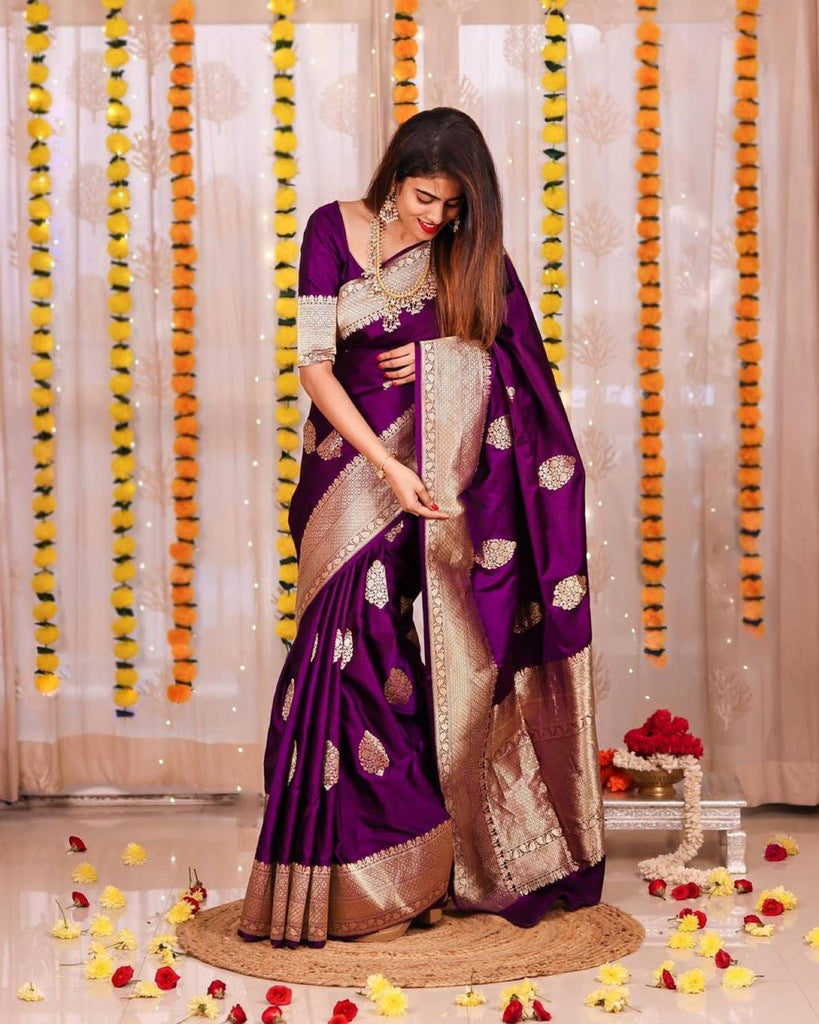 Superb Purple Soft Banarasi Silk Saree With Luxuriant Blouse Piece KP