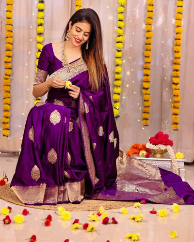 Superb Purple Soft Banarasi Silk Saree With Luxuriant Blouse Piece KP