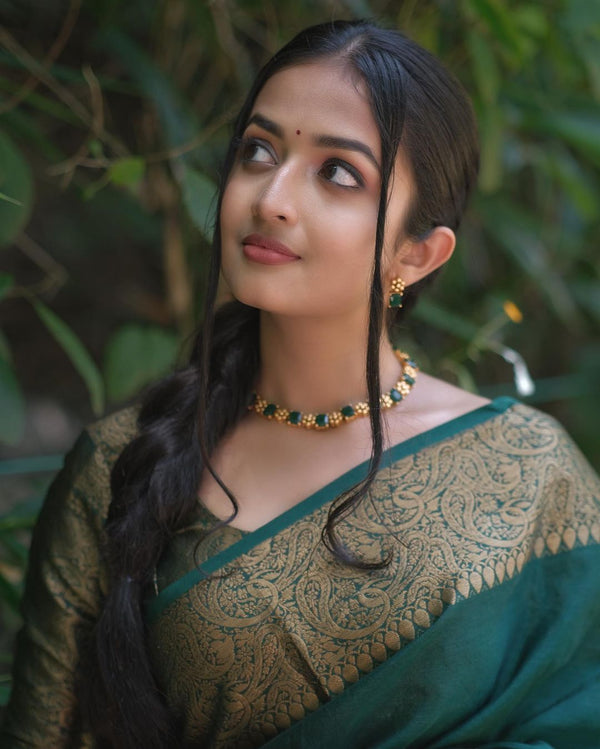 Amiable Dark Green Soft Silk Saree With Dazzling Blouse Piece Shriji
