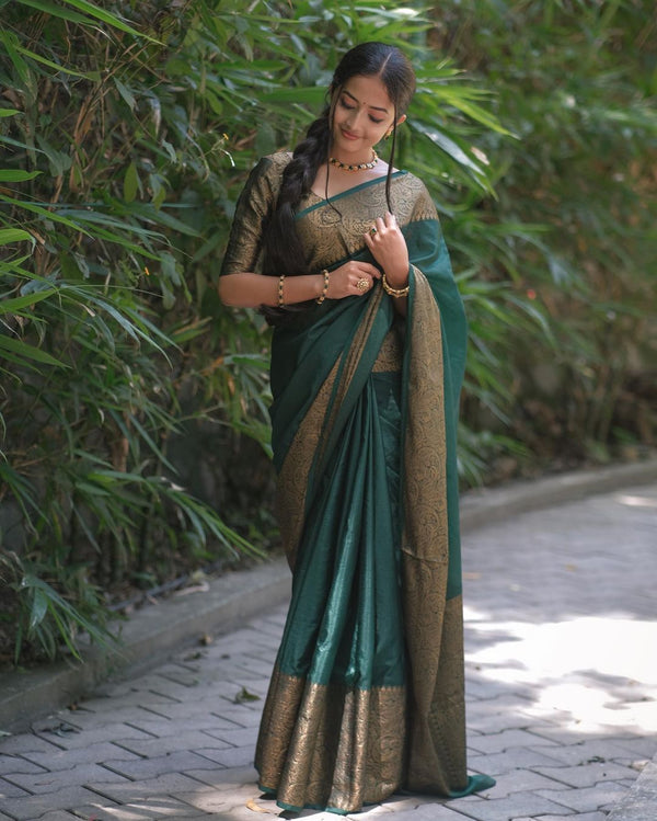 Amiable Dark Green Soft Silk Saree With Dazzling Blouse Piece Shriji