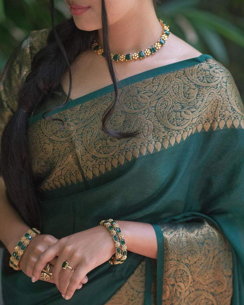 Amiable Dark Green Soft Silk Saree With Dazzling Blouse Piece Shriji