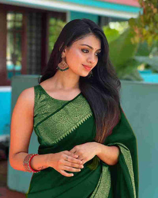 Adorning Green Soft Silk Saree With Fairytale Blouse Piece Shriji