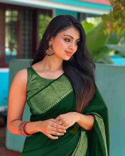 Load image into Gallery viewer, Adorning Green Soft Silk Saree With Fairytale Blouse Piece Shriji