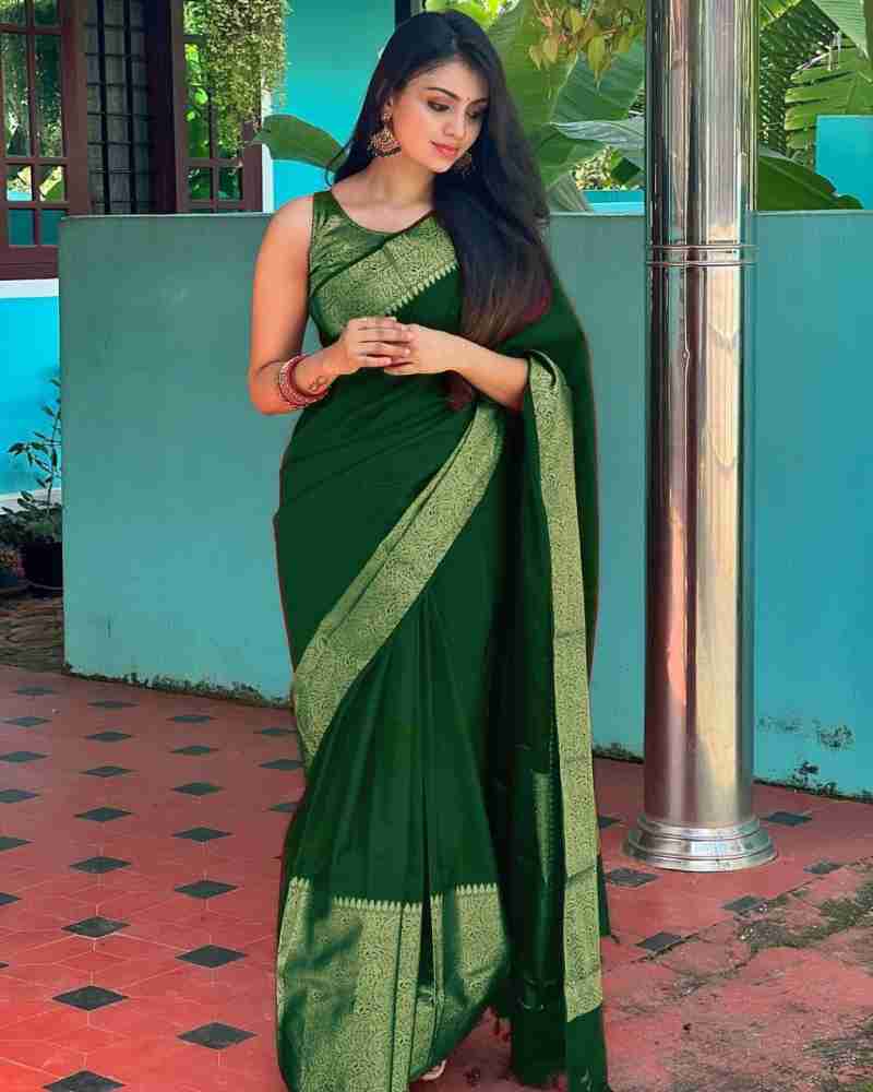 Adorning Green Soft Silk Saree With Fairytale Blouse Piece Shriji