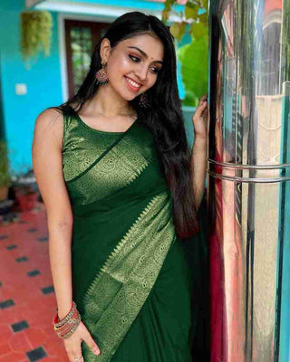 Adorning Green Soft Silk Saree With Fairytale Blouse Piece Shriji