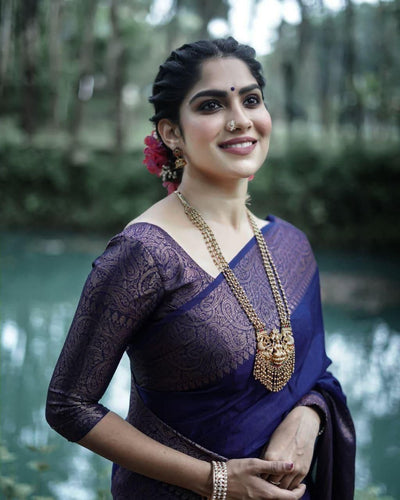 Imbrication Navy Blue Soft Silk Saree With Angelic Blouse Piece KP