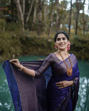 Load image into Gallery viewer, Imbrication Navy Blue Soft Silk Saree With Angelic Blouse Piece KP