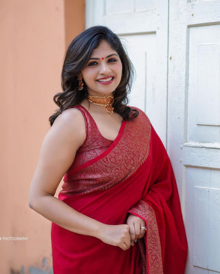 Adorning Red Soft Silk Saree With Unequalled Blouse Piece Shriji