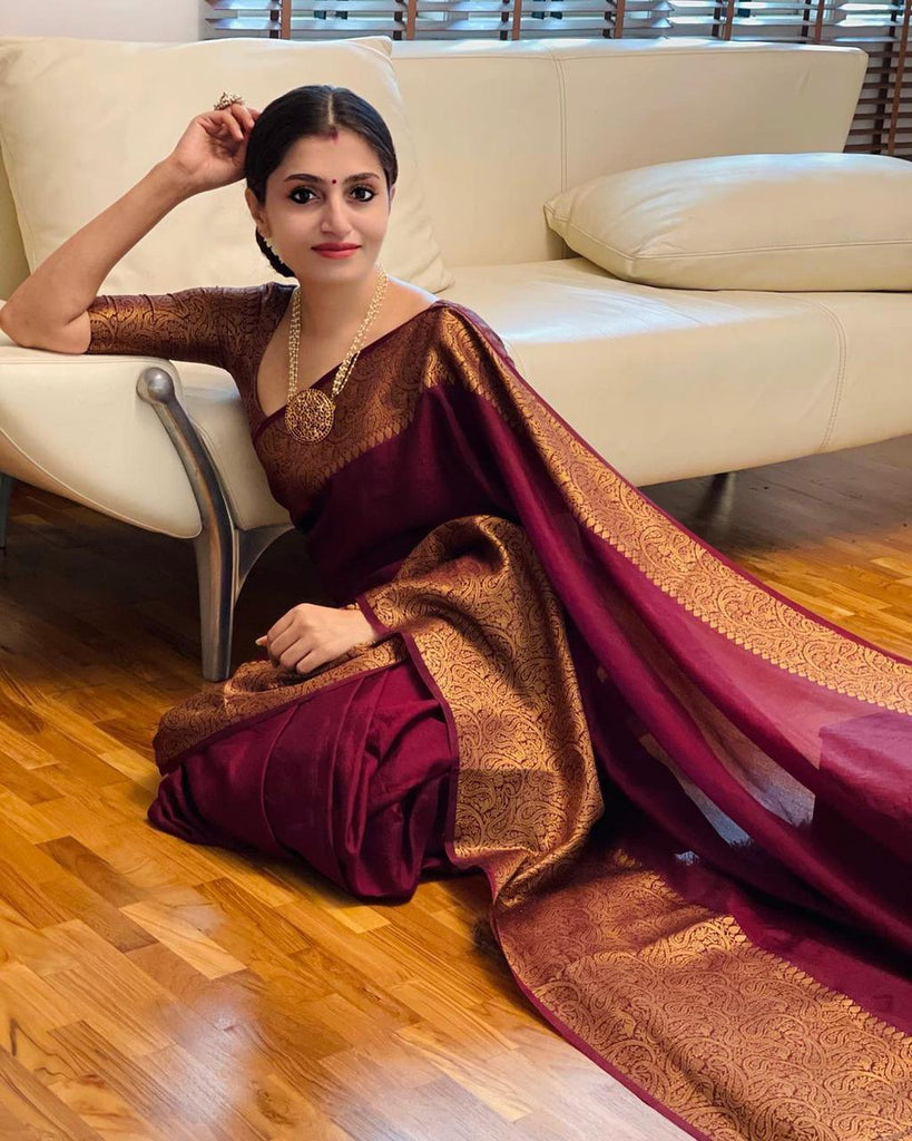 Snazzy Wine Soft Silk Saree With Wonderful Blouse Piece KP