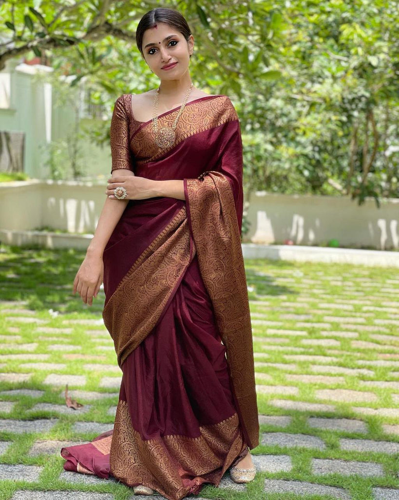 Snazzy Wine Soft Silk Saree With Wonderful Blouse Piece KP