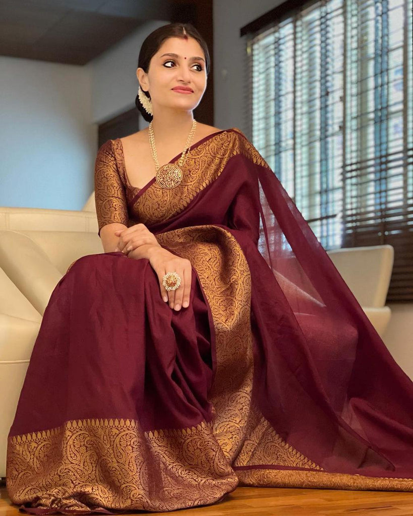 Snazzy Wine Soft Silk Saree With Wonderful Blouse Piece KP