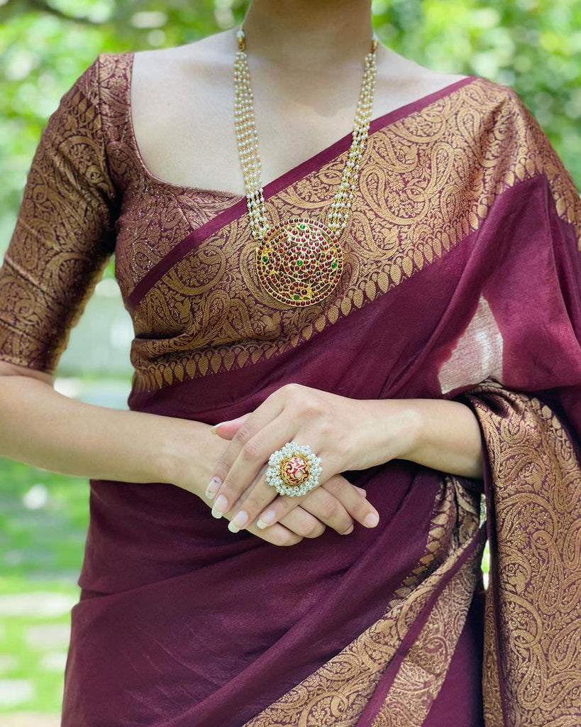 Snazzy Wine Soft Silk Saree With Wonderful Blouse Piece KP