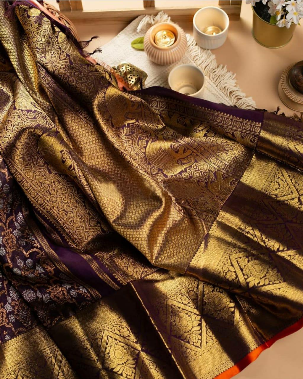 Tempting Wine Soft Banarasi Silk Saree With Luxuriant Blouse Piece KP Main image