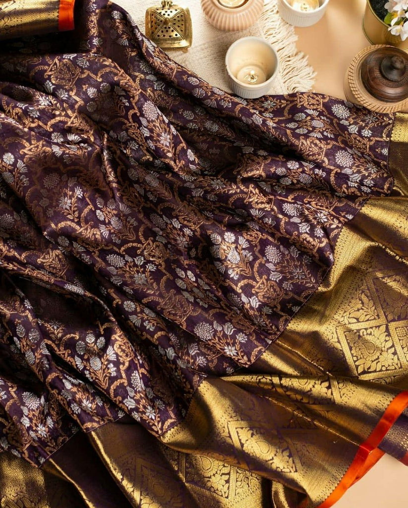 Tempting Wine Soft Banarasi Silk Saree With Luxuriant Blouse Piece KP