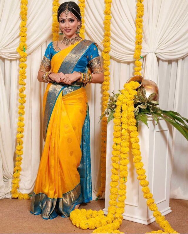 Majesty Yellow Soft Banarasi Silk Saree With Angelic Blouse Piece KP Main image