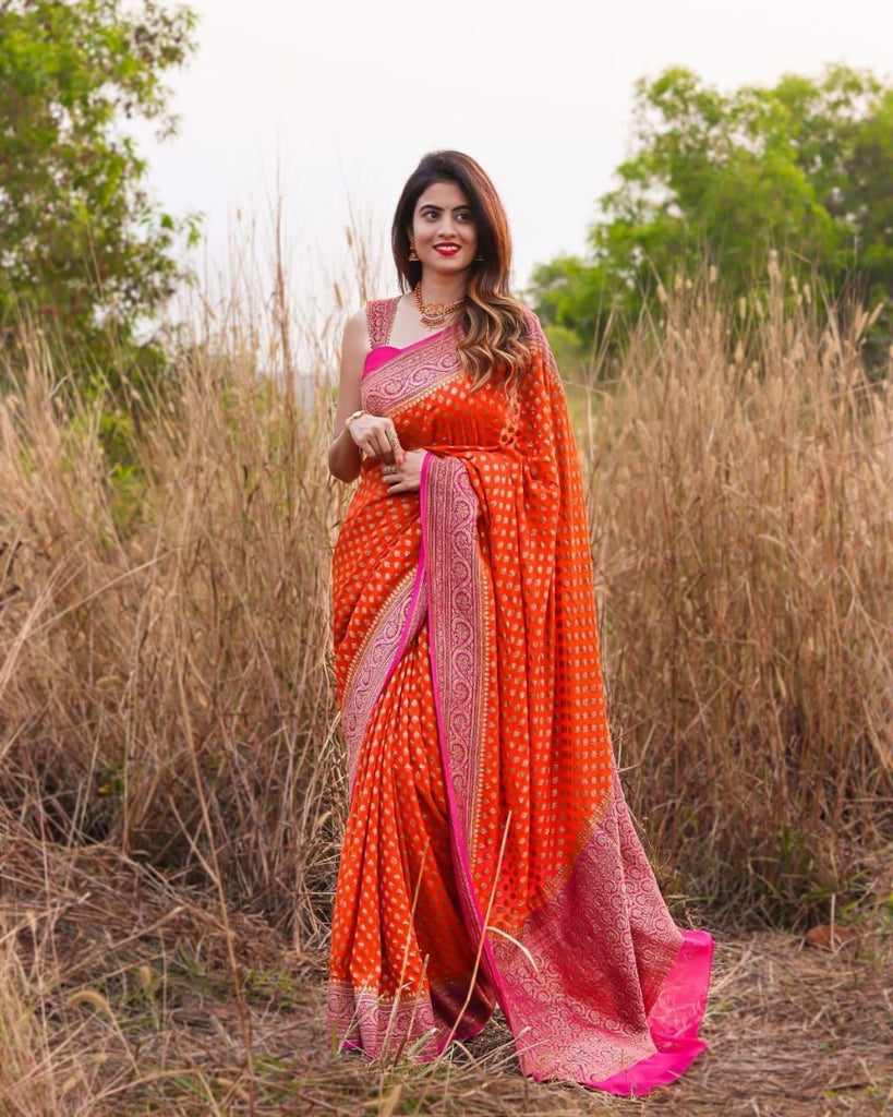 Incomparable Orange Soft Banarasi Silk Saree With Twirling Blouse Piece KP