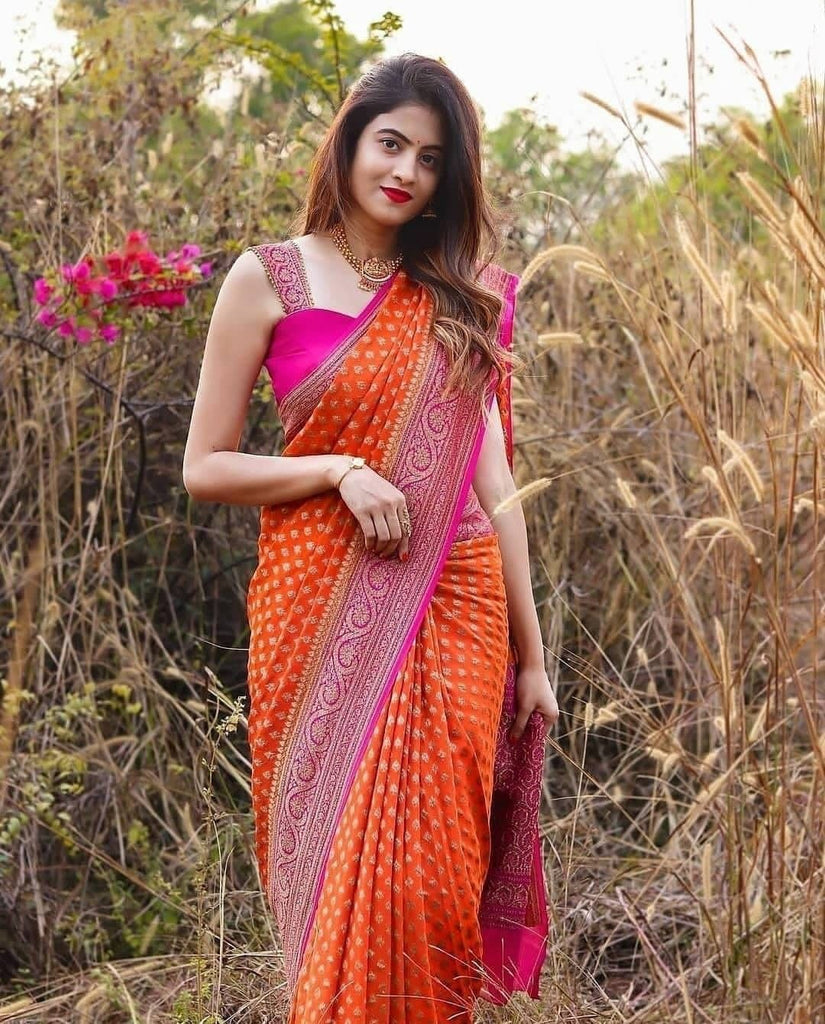 Incomparable Orange Soft Banarasi Silk Saree With Twirling Blouse Piece KP