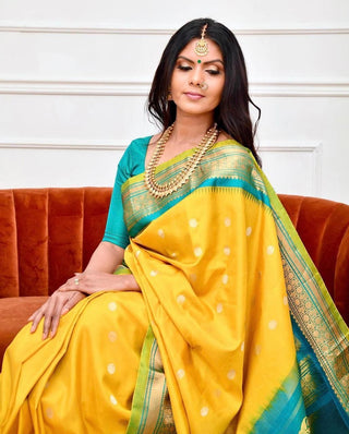 Glowing Yellow Soft Banarasi Silk Saree With Charming Blouse Piece KP