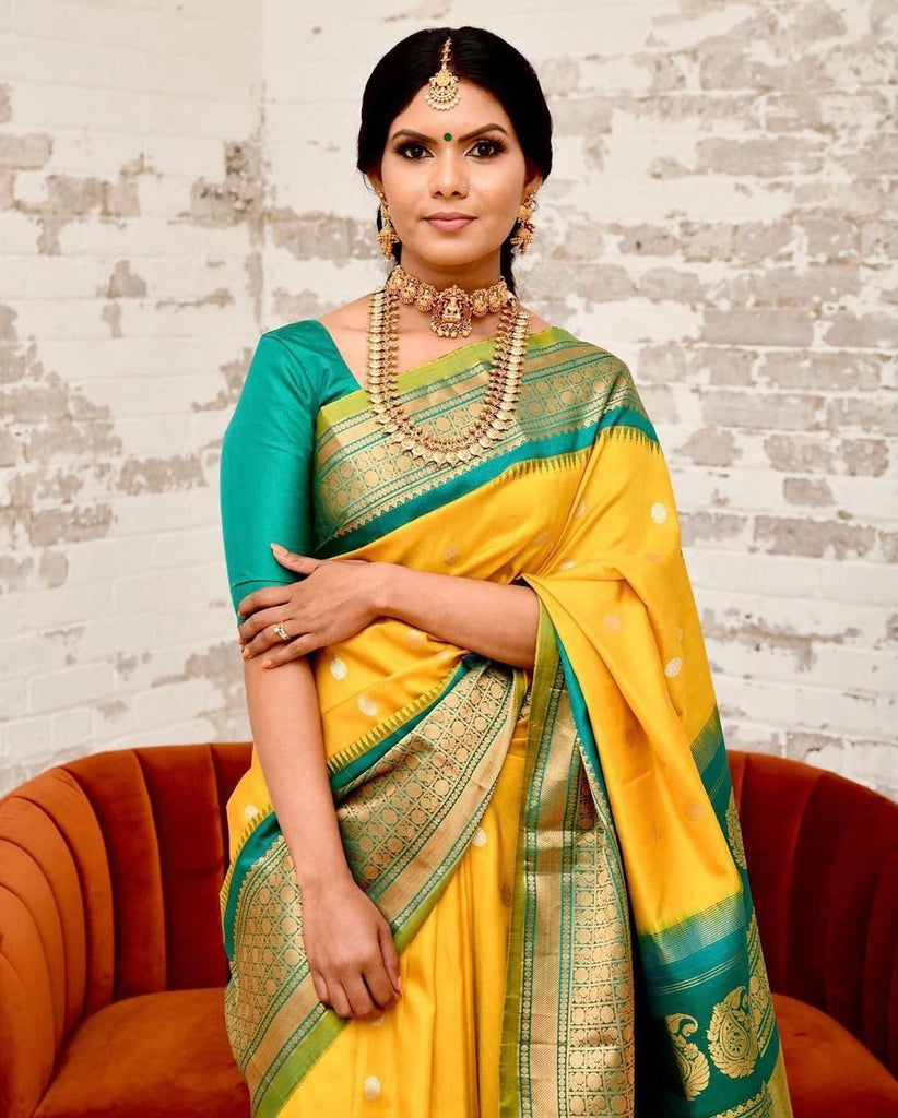 Glowing Yellow Soft Banarasi Silk Saree With Charming Blouse Piece KP