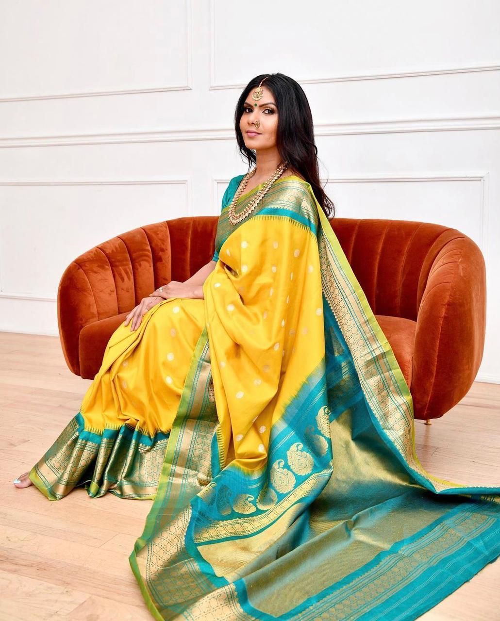Glowing Yellow Soft Banarasi Silk Saree With Charming Blouse Piece KP Main image