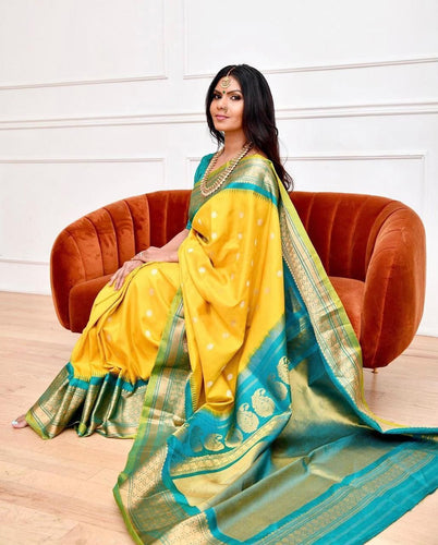 Glowing Yellow Soft Banarasi Silk Saree With Charming Blouse Piece KP