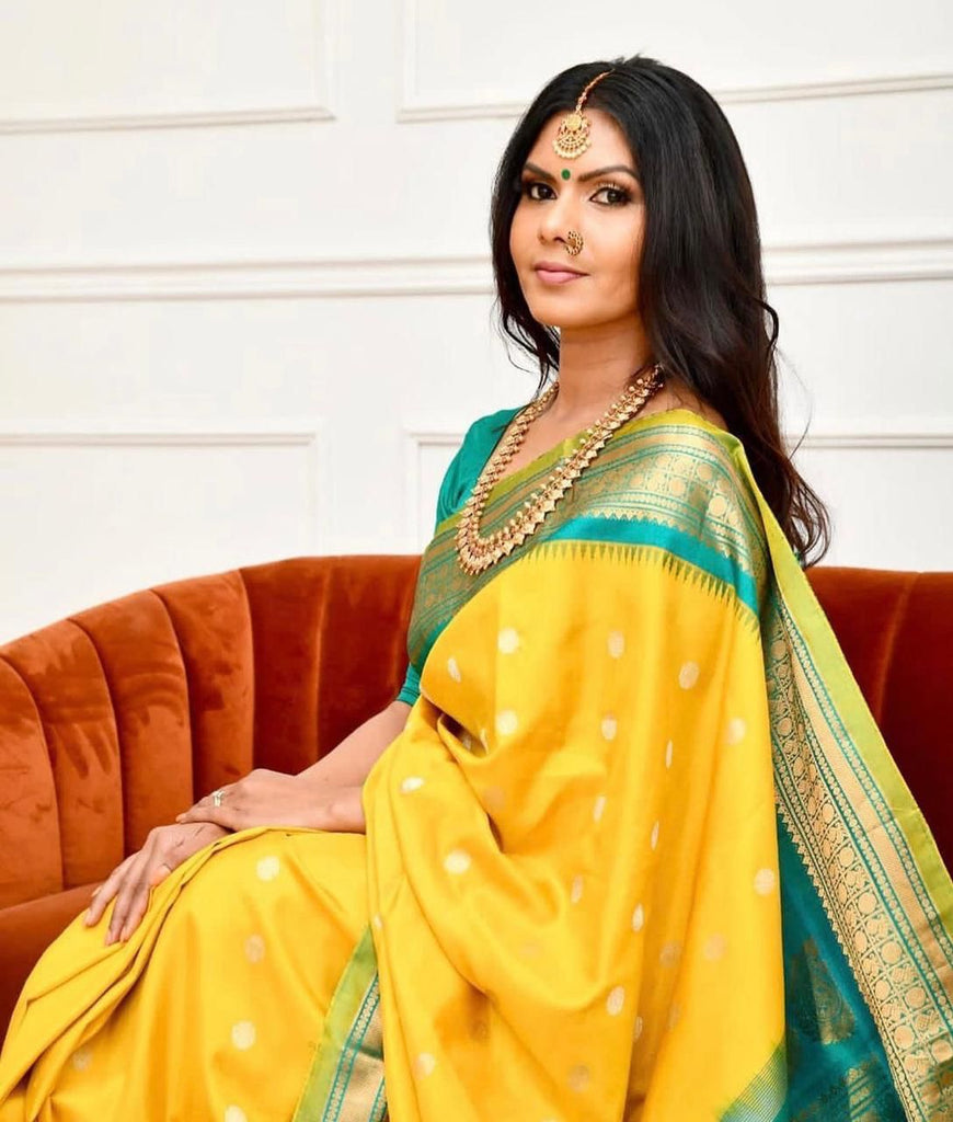 Glowing Yellow Soft Banarasi Silk Saree With Charming Blouse Piece KP