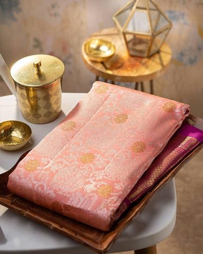 Fugacious Pink Soft Banarasi Silk Saree With Improbable Blouse Piece KP