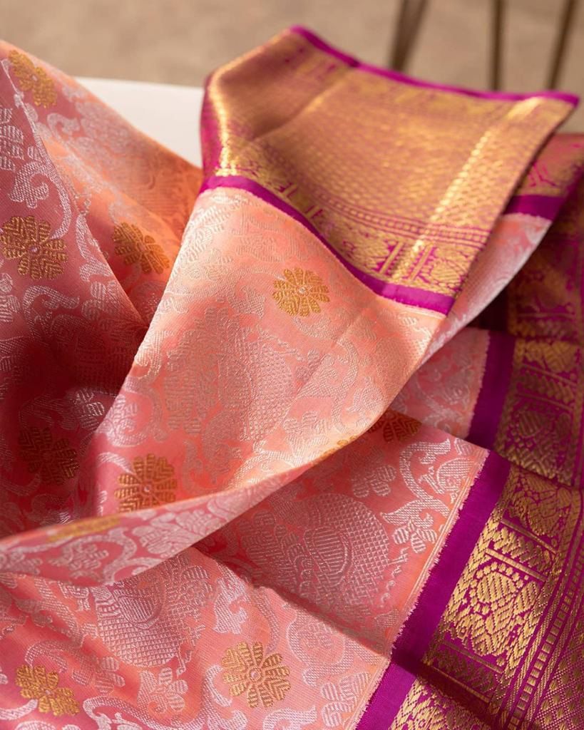 Fugacious Pink Soft Banarasi Silk Saree With Improbable Blouse Piece KP