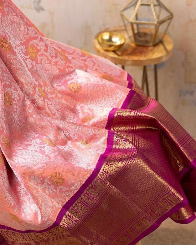 Fugacious Pink Soft Banarasi Silk Saree With Improbable Blouse Piece KP Main image